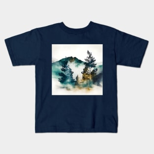 Misty Green Mountains and Trees Watercolor Kids T-Shirt